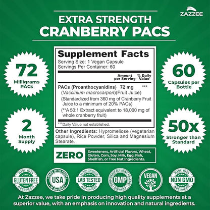 Zazzee Cranberry PACs 72 mg per Capsule, 50:1 Extract, 60 Vegan Capsules, 2X Strength, 2 Month Supply, Fast-Acting, Effective Urinary Tract & Bladder Support, 100% Soluble PACs, Made in the USA