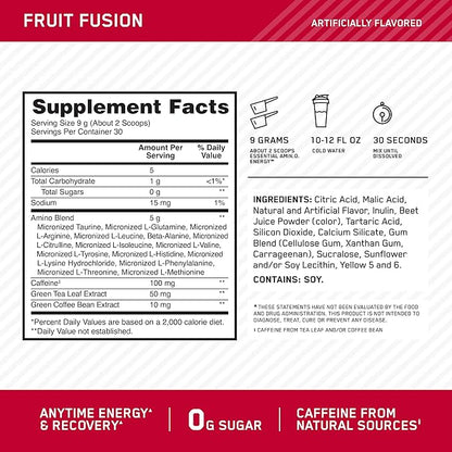 Optimum Nutrition Amino Energy - Pre Workout with Green Tea, BCAA, Amino Acids, Keto Friendly, Green Coffee Extract, Energy Powder - Fruit Fusion, 9.5 Ounce, 30 Servings (Packaging May Vary)