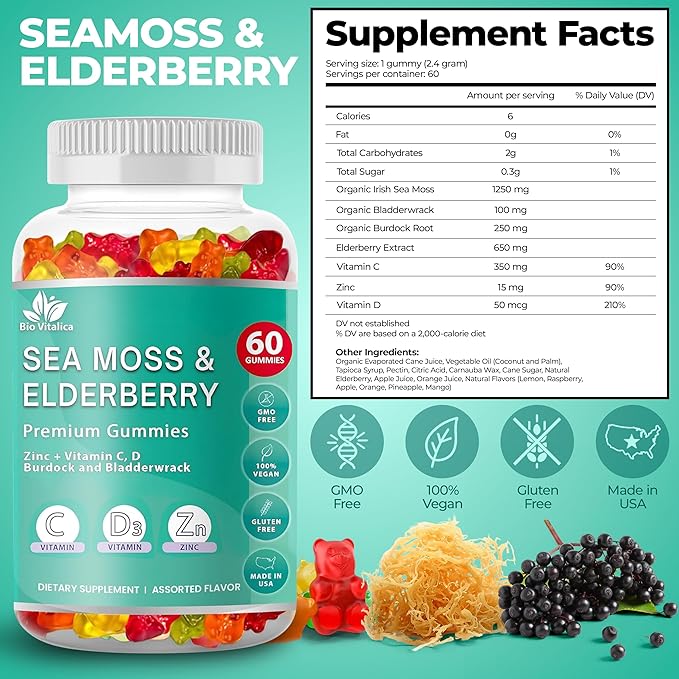 BIO VITALICA Irish Sea Moss Gummies with Elderberry – USA Made Vegan Gummies with Vitamin C, D & Zinc – Immune Support Supplement with Bladderwrack & Burdock Root for Adults & Kids – 6 Packs