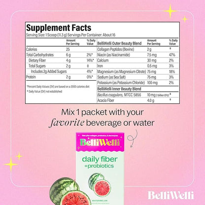 Belli Welli Daily Fiber Supplement Packets with Collagen, Probiotics & Electrolytes | Single Serve Packets for Gut Health, Digestion & Debloating | Watermelon | 10 Count