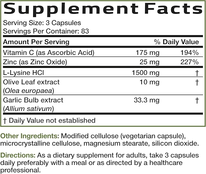 Bronson L-Lysine Defense Immune Support Complex 1500 MG L-Lysine Plus Olive Leaf, Garlic, Vitamin C and Zinc - Non-GMO, 250 Vegetarian Capsules