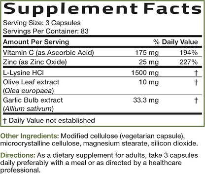 Bronson L-Lysine Defense Immune Support Complex 1500 MG L-Lysine Plus Olive Leaf, Garlic, Vitamin C and Zinc - Non-GMO, 250 Vegetarian Capsules