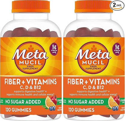 Metamucil Fiber Gummies for Adults with Vitamins C,D,B12 for Metabolism,No Sugar Added Citrus Berry Flavor,5g Plant Based Prebiotic Fiber Supplement Blend,120 Count (Pack of 2)