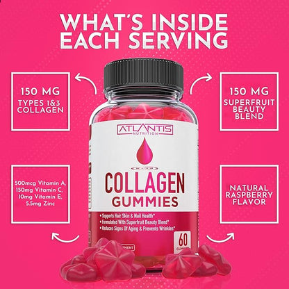 Atlantis Nutrition Collagen Peptides Gummies for Women - Formulated with Type I & III - Vitamin & Superfruit Beauty Blend - Formulated to Support Hair, Nail & Skin Health | 60 Count