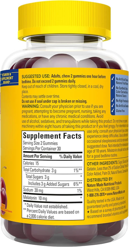 Nature Made Time Release Melatonin Gummies 10mg per Serving, Maximum Strength Dosage Sleep Aid for Adults, 100% Drug Free, 60 Gummies, 30 Day Supply