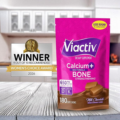 Viactiv Calcium + Vitamin D Supplement Soft Chews for Women & Men - Chewable Calcium for Bone Health Support, 650 mg per Serving, Vitamin D & K for High Absorption - 180 Count, Milk Chocolate