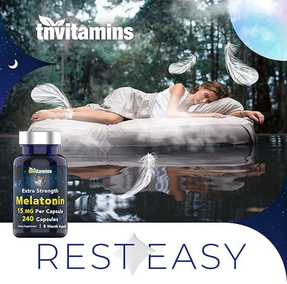 tnvitamins Melatonin 15 MG Per Capsule (240 Capsules) | All-Natural Sleeping Pills for Adults | Extra Strength Melatonin | Nighttime Sleep Aid | Natural Sleep Support Supplement