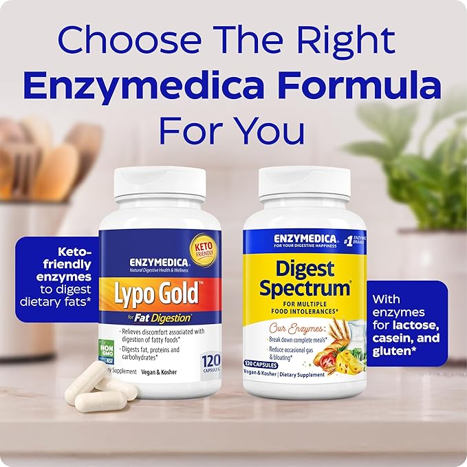 Enzymedica Lypo Gold, High Potency Lipase Digestive Enzymes for Fat Digestion, Supports Occasional Bloating Relief & Digestive Health, Keto-Friendly, Vegan, 60 Capsules
