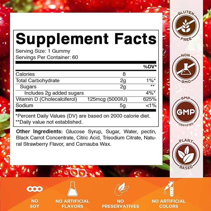 Vitamatic Vitamin D3 Gummies – 5000 IU Per Gummy | 60 Gummies per Bottle | Pack of 2 (Total 120 Count) Great Taste | Supports Bone, Teeth, Mood, Joint & Immune Health