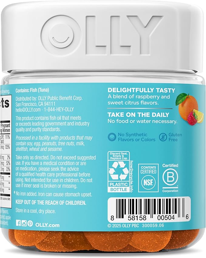 OLLY Prenatal Multivitamin Gummy, Supports Healthy Growth and Brain Development, Folic Acid, Vitamin D, Omega 3 DHA, Chewable Supplement, Citrus Berry Flavor, 30 Day Supply - 60 Count