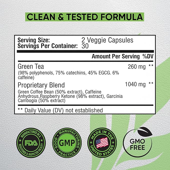 Green Tea Weight Loss Diet Pills for Women & Fat Burner for Men, GLP-1 Activate Weight Loss Supplement with Green Coffee Bean & Raspberry Ketones, Appetite Suppressant & Metabolism Booster - 60 caps.