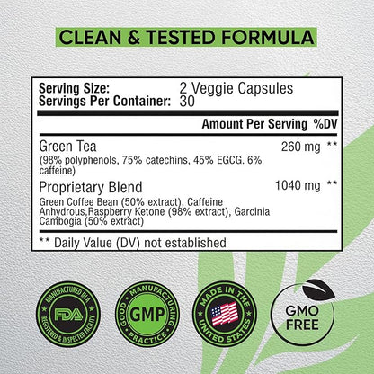 Green Tea Weight Loss Diet Pills for Women & Fat Burner for Men, GLP-1 Activate Weight Loss Supplement with Green Coffee Bean & Raspberry Ketones, Appetite Suppressant & Metabolism Booster - 60 caps.