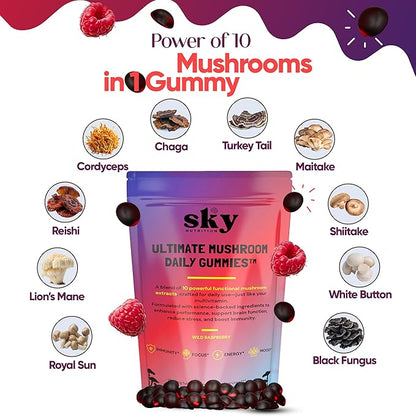 Mushroom Gummies - 10-in-1 Adaptogenic Mushroom Supplement for Adults - Lions Mane, Reishi, Cordyceps, Chaga, Turkey Tail - Raspberry Flavored Vegan Gummies for Focus & Energy - 60 Ct.
