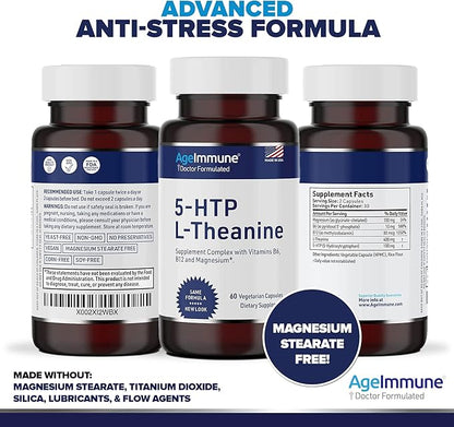 5-HTP Formula for Stress Relief and relaxation support for Teens and Adults with 5-HTP, L-Theanine, Vitamin B6, Vitamin B12, Magnesium - Doctor Formulated - Magnesium Stearate Free - 60 capsules.