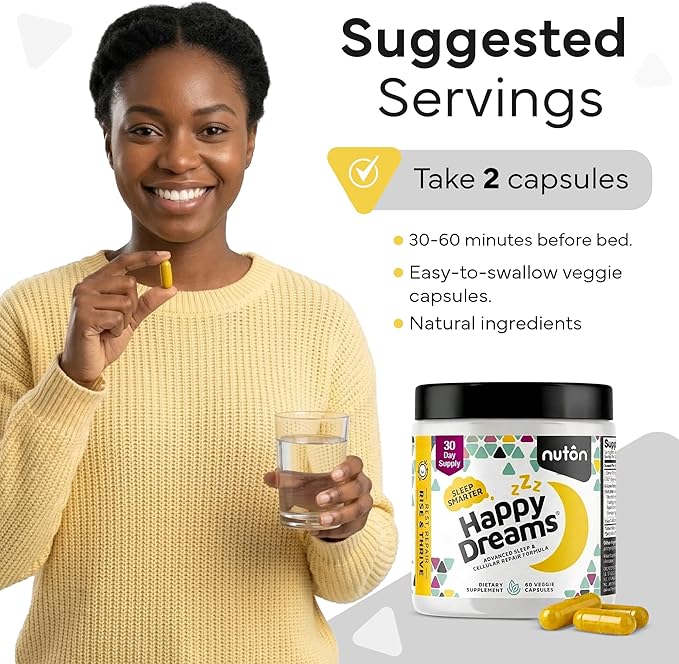 Nuton Happy Dreams Natural Sleep Aid Supplement & Cellular Vitality - Melatonin Sleep Aid for Adults, Time Release Formula with ETAS Asparagus, L-Serine and Venetron Extract, 60 Veggie Capsules