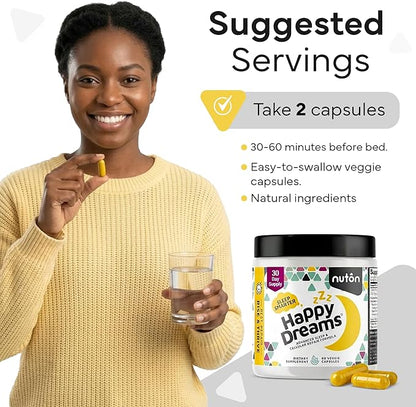 Nuton Happy Dreams Natural Sleep Aid Supplement & Cellular Vitality - Melatonin Sleep Aid for Adults, Time Release Formula with ETAS Asparagus, L-Serine and Venetron Extract, 60 Veggie Capsules