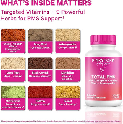 Pink Stork PMS Supplement for Women - Vitex, Ashwagandha, Maca Root & 10 Vitamins & Minerals to Support Hormone Balance, Mood, Bloating, Period Regularity - 60 Capsules