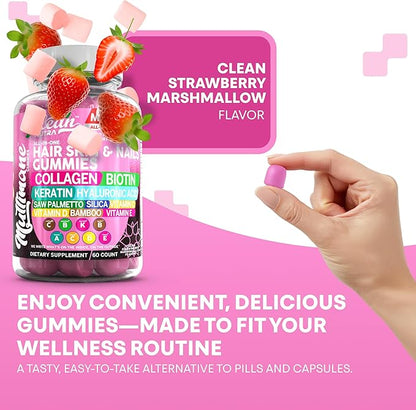 Clean Nutraceuticals Biotin Collagen Keratin Gummies | Hair Skin and Nails Vitamins for Women | Hyaluronic Acid Bamboo Vitamin A C D3 E Folate with Saw Palmetto Silica B3 B12 Vegan Gummy