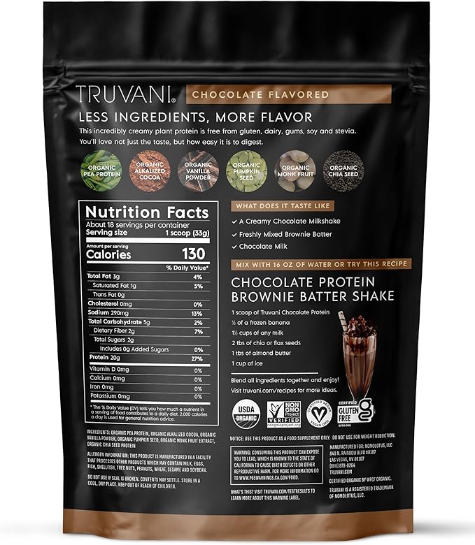 Truvani Organic Vegan Protein Powder | Chocolate | 20g Plant Based Pea Protein | 18 Servings | Keto | Gluten & Dairy Free | Low Carb | No Added Sugar