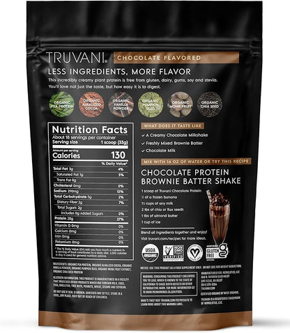 Truvani Organic Vegan Protein Powder | Chocolate | 20g Plant Based Pea Protein | 18 Servings | Keto | Gluten & Dairy Free | Low Carb | No Added Sugar