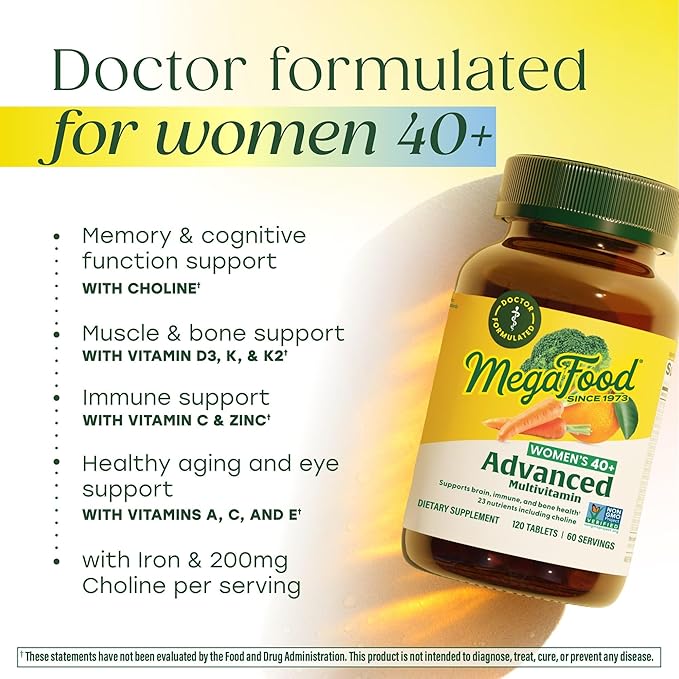 MegaFood Women's 40+ Advanced Multivitamin for Women - Dr Formulated - Vitamin B, Vitamin D3, Vitamin K2 & Choline - Energy Metabolism, Brain Health & Bone Health - Vegetarian - 120 Tabs (60 servings)