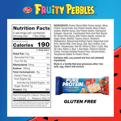 Pure Protein Fruity PEBBLES™ Protein Bars – 20g Protein, 3g Sugar, 190 Calories (4 count) Low Sugar* High Protein Snack – Gluten Free - Perfect for a Healthy Snack.