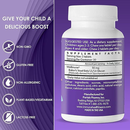 Children's Chewable Tablets, Wellmune Clinically Proven Highly Purified Beta Glucan Immunity Supplements for Children, Kids-Approved!