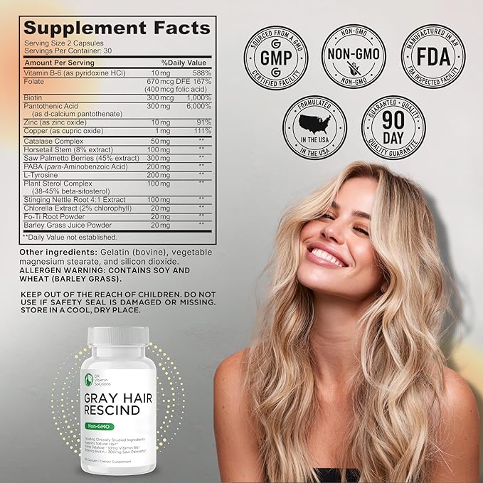 Gray Hair Rescind with Catalase - Antiaging Hair, Skin and Nails Vitamins, Pantothenic Acid, Folic Acid 400mcg, Biotin 300mcg, Saw Palmetto for Men and Women