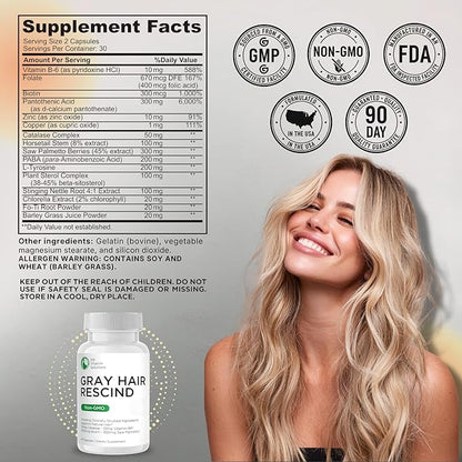 Gray Hair Rescind with Catalase - Antiaging Hair, Skin and Nails Vitamins, Pantothenic Acid, Folic Acid 400mcg, Biotin 300mcg, Saw Palmetto for Men and Women