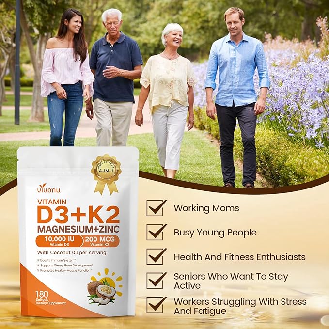 VivoNu Vitamin D3 K2 10,000 IU Magnesium Supplement – 4-in-1 with Vitamin D and K (MK-7), Magnesium Glycinate & Zinc Citrate – 180 Softgels for Energy, Bone* & Muscle* Support*