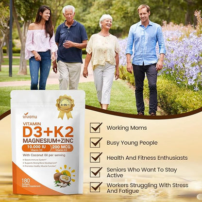 VivoNu Vitamin D3 K2 10,000 IU Magnesium Supplement – 4-in-1 with Vitamin D and K (MK-7), Magnesium Glycinate & Zinc Citrate – 180 Softgels for Energy, Bone* & Muscle* Support*
