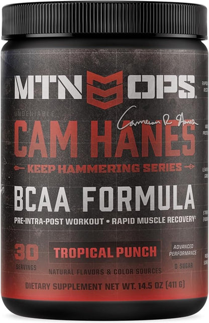 MTN OPS BCAA Powder 2:1:1 Amino Acids Supplement Powder for Rapid Muscle Recovery & Repair with Zero Sugar & Gluten Free - 30-Servings, Tropical Punch, Cameron Hanes Keep Hammering Series