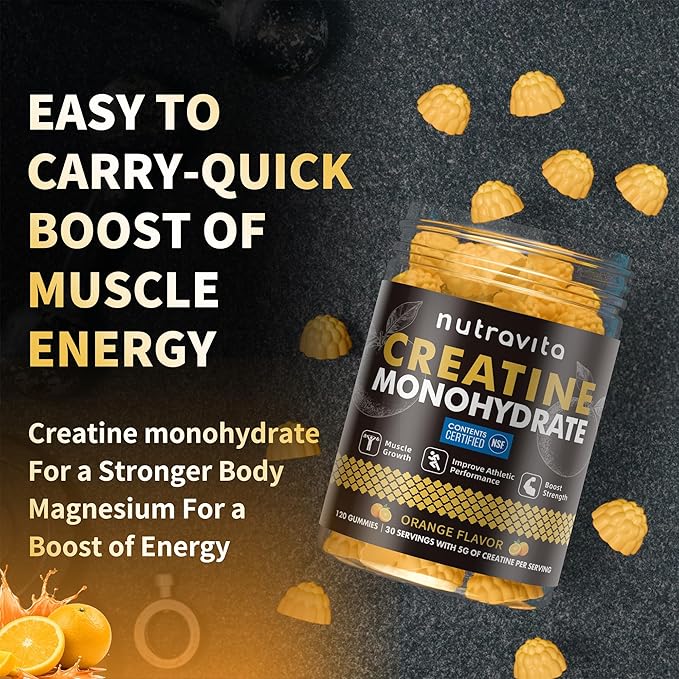 Creatine Monohydrate Gummies for Men & Women-5g of Creatine Monohydrate per Serving - Sugar Free,Vegan, Orange Flavor, 120 Count