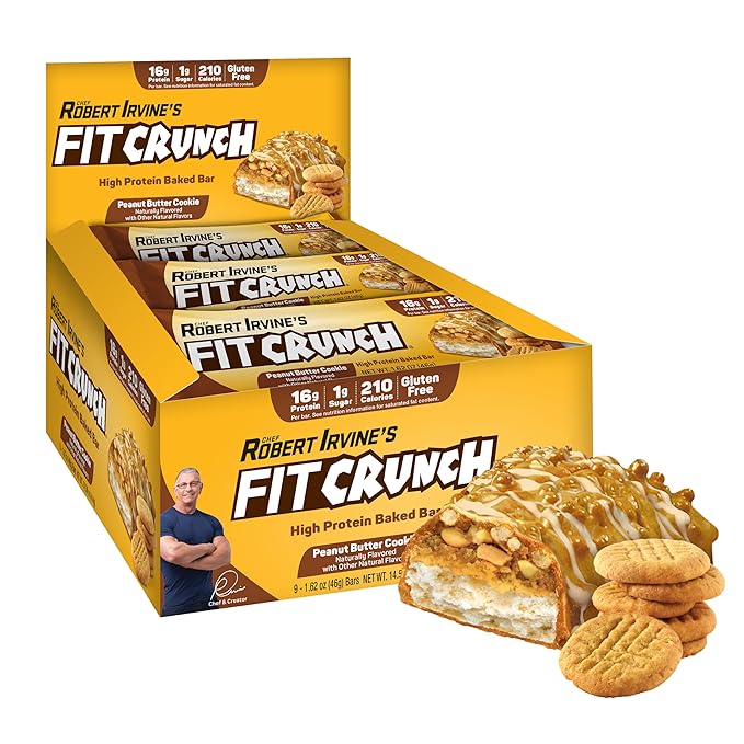 FITCRUNCH Snack Size Protein Bars, 6-Layer Baked Bar, 1g of Sugar, Gluten Free & Soft Cake Core (9 Bars, Peanut Butter Cookie)