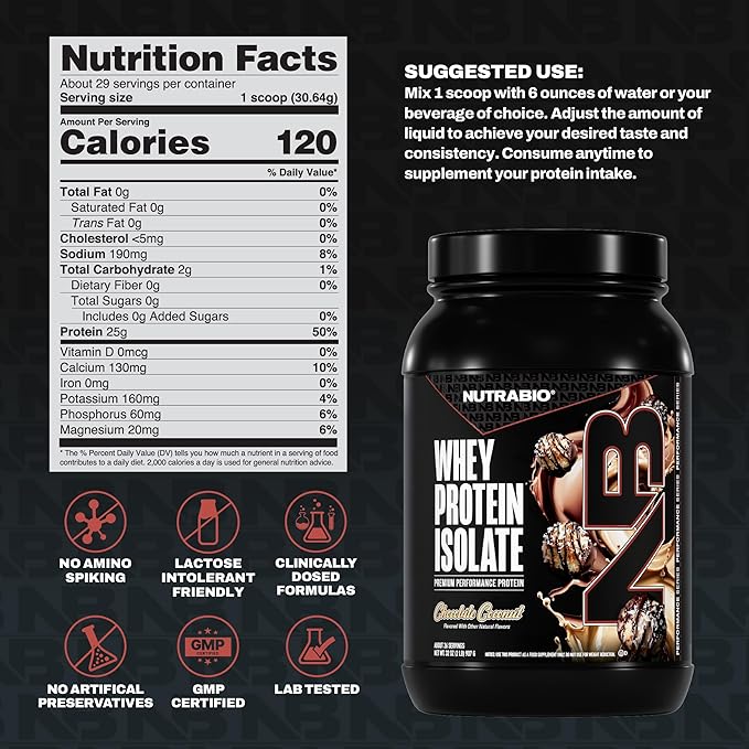 NutraBio 100% Whey Protein Isolate Protein Powder, 25g Protein with Complete Amino Acid Profile, Non-GMO, Soy & Gluten Free, Low Carb, Low Calorie Whey Protein Powder, Chocolate Coconut, 2 Lbs