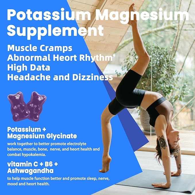 Potassium Magnesium Gummies - High Absorption Magnesium Glycinate & Potassium Citrate Plus Omega 3, B6, D3, K2 & Calcium - Chewable Gummy for Leg Cramps, Immunity & Energy Blueberry 120 Gummies