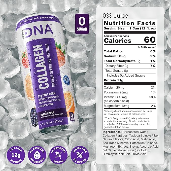 HYDRADNA- Sparkling Liquid Collagen Protein Water Drink Balanced Nutrients for Wellness - Sugar-Free - Keto-Friendly - No Gluten (12 Pack) Berry Punch
