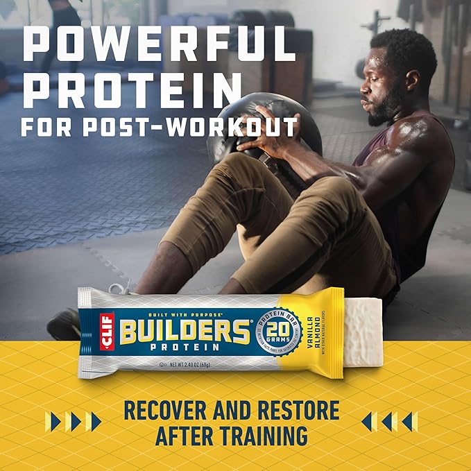 CLIF BUILDERS Protein Bars - Vanilla Almond Flavor - 20g Plant Based Protein - Gluten Free - Non-GMO - Low Glycemic - No Artificial Sweeteners - 2.4 oz. (12 Pack)
