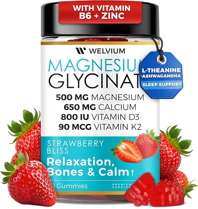 Magnesium Glycinate Gummies with Ashwagandha, L-Theanine - 500mg Magnesium Glycinate, D3, K2, B6, Calcium, Zinc, Potassium Supplement for Muscle, Immune and Bone Support, Chewable Magnesium