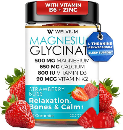 Magnesium Glycinate Gummies with Ashwagandha, L-Theanine - 500mg Magnesium Glycinate, D3, K2, B6, Calcium, Zinc, Potassium Supplement for Muscle, Immune and Bone Support, Chewable Magnesium