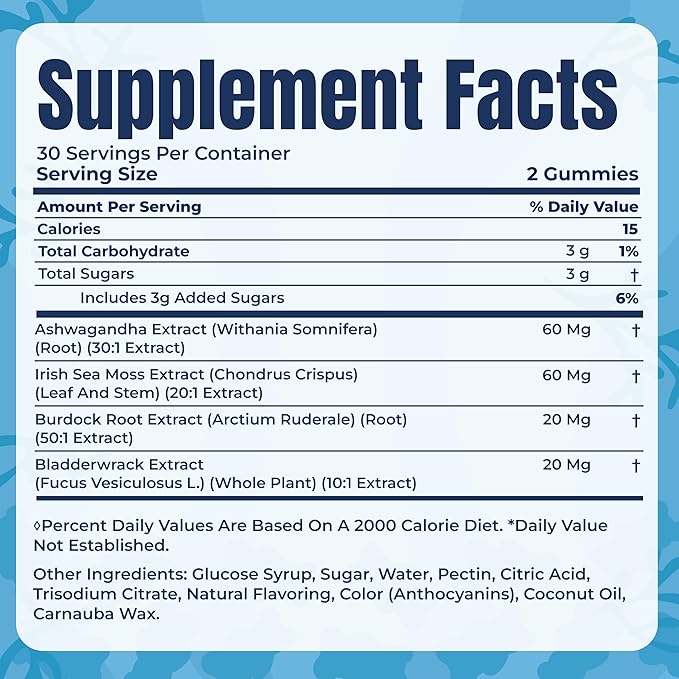 TrueSeaMoss Ashwagandha Gummies for Women & Men – Vegan Formula with Sea Moss, Bladderwrack & Burdock Root – 60 Gummies (Pouch May Vary)