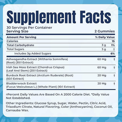 TrueSeaMoss Ashwagandha Gummies for Women & Men – Vegan Formula with Sea Moss, Bladderwrack & Burdock Root – 60 Gummies (Pouch May Vary)
