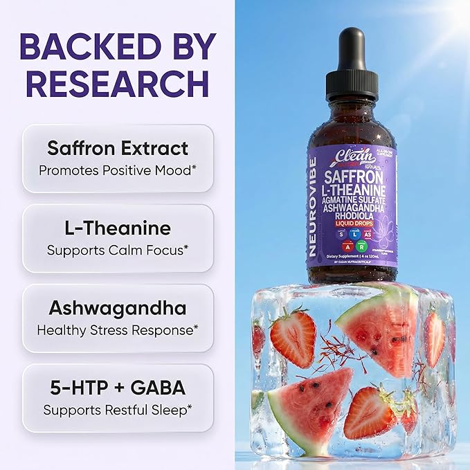 Saffron Supplements Liquid Drops L-Theanine Agmatine Sulfate Ashwagandha Magnesium Glycinate B6 Magnesium Stress Relief Mood Support 5-HTP GABA Supplement Vitamin D 4oz by Clean Nutra