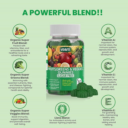 VIDAVITE Sugar-free Super Greens Gummies — US-Made, 35+ Fruit and Veggie gummies to Boost Immunity, Skin & Gut Health — Ideal Fruits and Vegetables Supplement for Adults & Picky Teens (30-Days Supply)