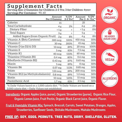 Llama Naturals Kids Multivitamin Gummies | Real Fruit, No Added Sugar Cane | Organic Vegan Toddler Whole Food Vitamins | Vitamin D, C & Beta Carotene Gummy Supplement | Strawberry 180 Ct (2-3 Months)