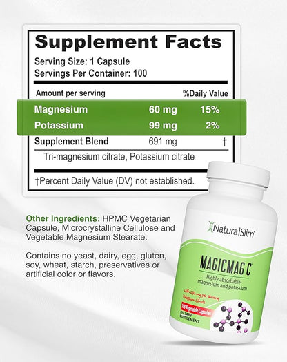 MagicMag C by NaturalSlim, Magnesium Citrate Capsules for Muscle Relaxation, Sleep Quality, Nerve Function & Electrolyte Support, Daily Magnesium Supplement for Men and Women, 100 Capsules