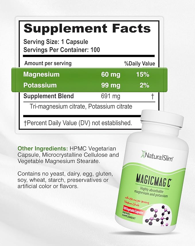 MagicMag C by NaturalSlim, Magnesium Citrate Capsules for Muscle Relaxation, Sleep Quality, Nerve Function & Electrolyte Support, Daily Magnesium Supplement for Men and Women, 100 Capsules