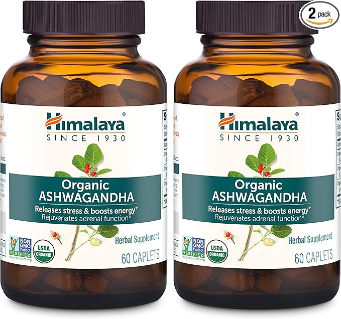 Himalaya Organic Ashwagandha Root, 120 Day Supply - Herbal Adrenal Support Supplements for Stress Relief and Energy Support - USDA Organic, Non-GMO, Vegan, Gluten Free, 60 Caplets, 2 Pack
