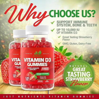 Vitamin D3 5000IU / 10,000IU Gummies for Adults & Kids (120 Count) - Maximum Strength Support for Immune System, Bones & Teeth - Gluten-Free, Non-GMO, Great Tasting Strawberry Flavor - 4 Month Supply