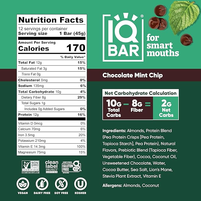 IQBAR Clean Plant Protein Bars - Chocolate Mint Chip - 12 Count - Keto, Vegan, High Fiber, Gluten and Dairy Free, Low Sugar Snack - Brain and Body Nutrients for Focus, Energy, Meal Replacement